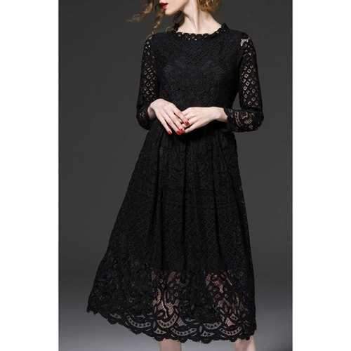 Elegant Round Neck Long Sleeve Openwork Lace Hook Women's Midi Dress - Black L