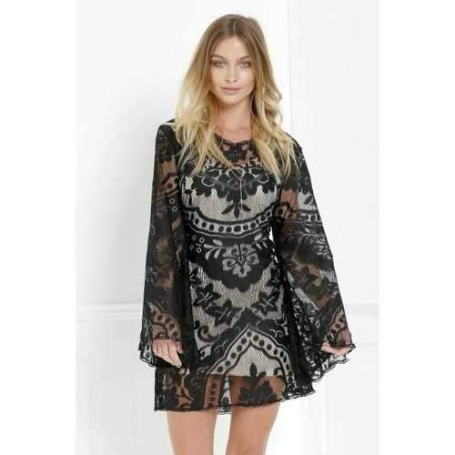 Mini Long Sleeve Lace Sheer Casual Dress - Black S