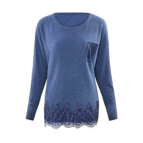 Casual Round Neck Long Sleeve Lace Hem Patchwork Pocket Women's Sweater - Purplish Blue One Size(fit Size Xs To M)