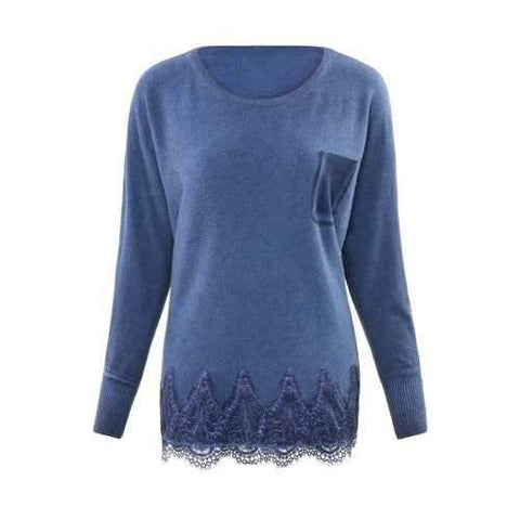 Casual Round Neck Long Sleeve Lace Hem Patchwork Pocket Women's Sweater - Purplish Blue One Size(fit Size Xs To M)