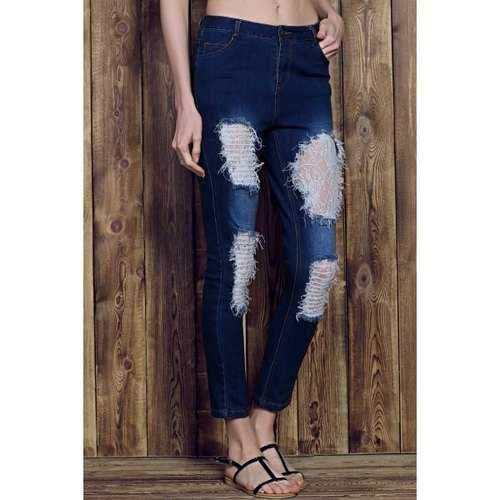 Rose Print See-Through Lace Spliced Ripped Jeans For Women - Deep Blue L