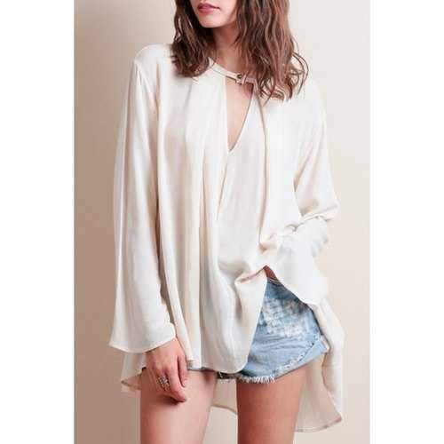 Bohemian V-Neck Long Sleeve Loose-Fitting Women's White Chiffon Blouse - Off-white S