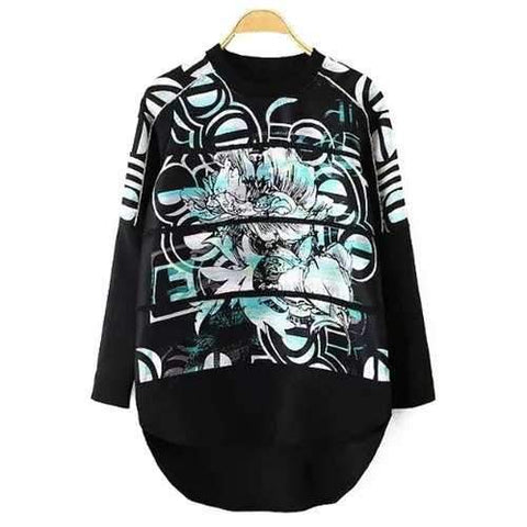 Stylish Round Neck Long Sleeve Abstract Print High Low Hem Women's Sweatshirt - Black S