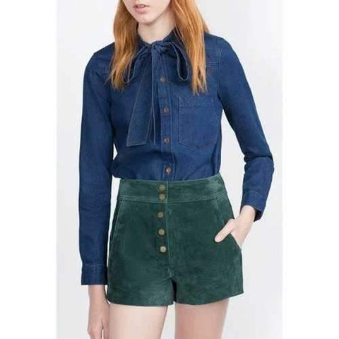 Stylish Bow Tie Collar Long Sleeve Single-Breasted Women's Denim Shirt - Blue S