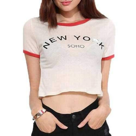 Stylish Round Neck Letter Print Short Sleeve Crop Top For Women - White 2xl