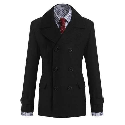 Elegant Fake Belt Patch Pocket Turn-down Collar Long Sleeves Slimming Men's Woole Blend Peacoat - Black Xl