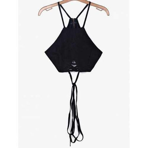 Alluring Spaghetti Strap Solid Color Lace-Up Women's Crop Top - Black L