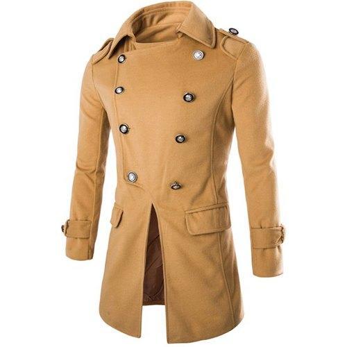 Special Top Fly Multi-Button Epaulet Design Woolen Blend Turn-down Collar Long Sleeves Men's Peacoat - Camel M