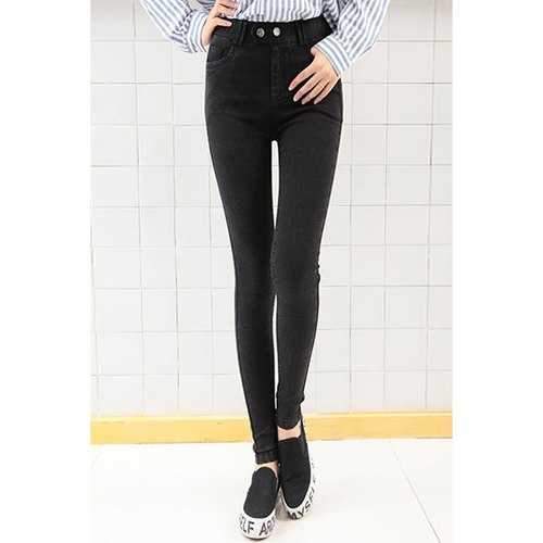 Chic Elastic Waist Button Design Slimming Women's Jeans - Black 2xl