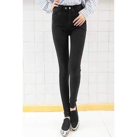 Chic Elastic Waist Button Design Slimming Women's Jeans - Black 2xl