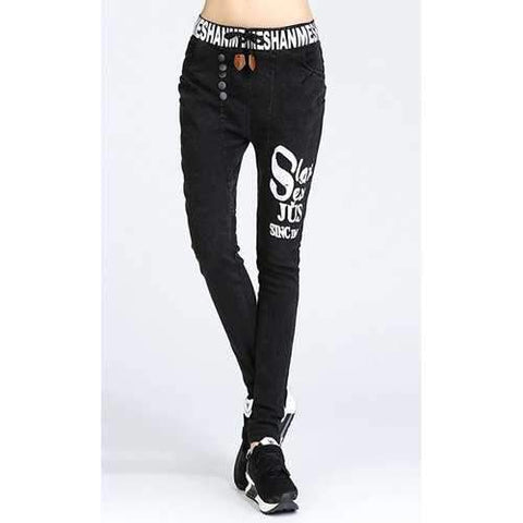 Stylish Letter Printed High Waist Bodycon Stretchy Jeans For Women - Black L