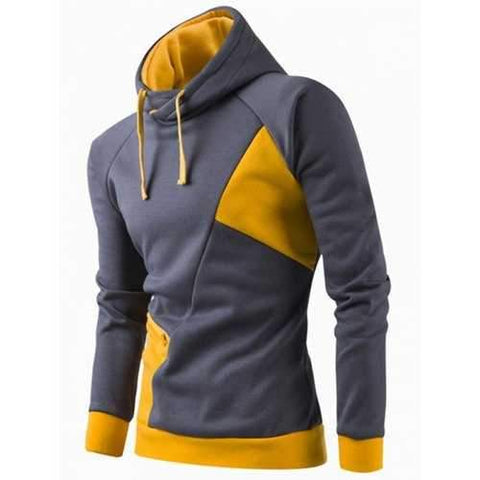 Inclined Zipper Classic Color Lump Splicing Rib Hem Slimming Hooded Long Sleeves Men's Hoodie - Yellow 2xl