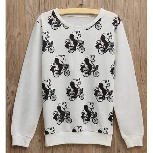 Cute Round Neck Long Sleeve Panda Print Loose-Fitting Women's Sweatshirt - White One Size(fit Size Xs To M)