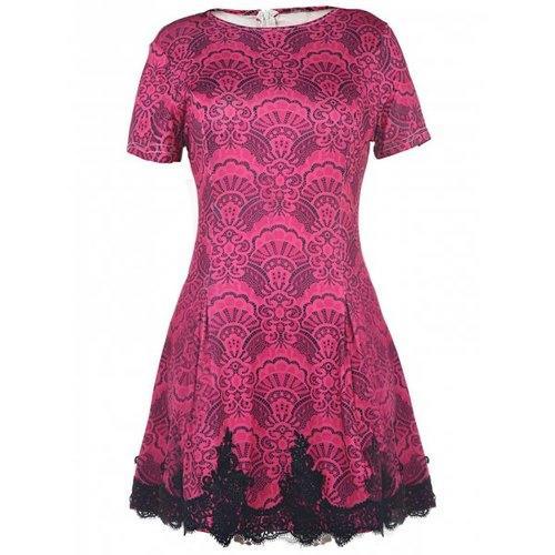 Color Block Crochet Pattern Lace Dress - Rose M