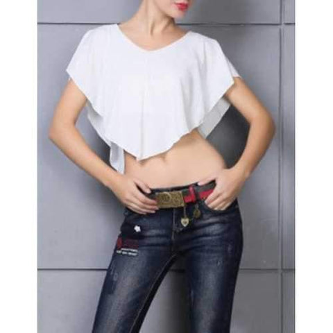 Sexy V-Neck Short Sleeve Solid Color Women's Crop Top - White M