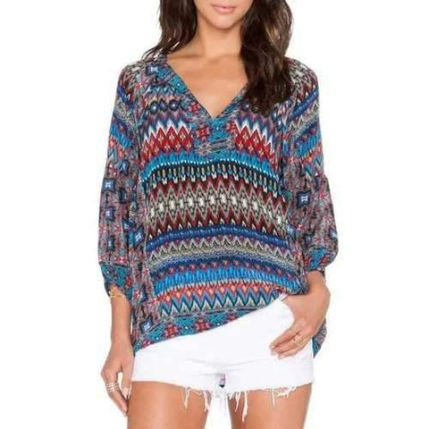 Stylish V Neck 3/4 Sleeve Tribal Print Women's Blouse - M