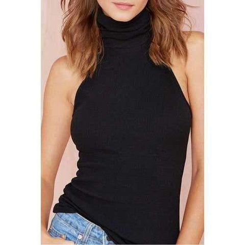 Stylish Turtle Neck Sleeveless Black Women's Tank Top - Black Xs