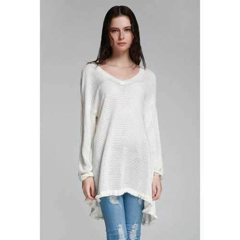 Sweet V Neck Long Sleeve Cut Out Women's Sweater - White L