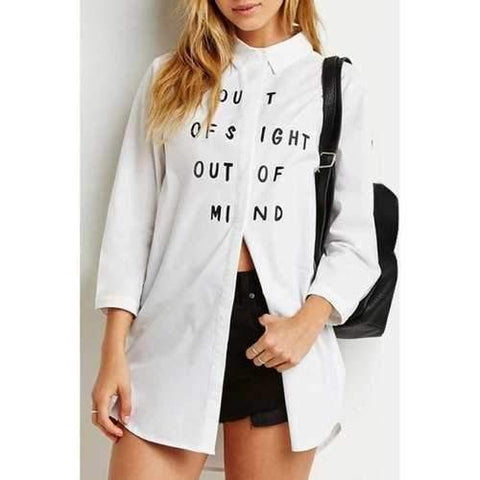 Stylish Shirt Neck Nine-Minute Sleeve Letter Print Women's Shirt - White S