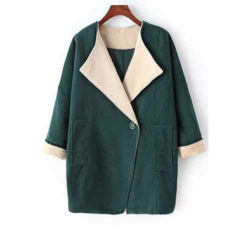 Stylish Turn-Down Collar Long Sleeves Pure Color Big Pocket Women's Coat - Green M