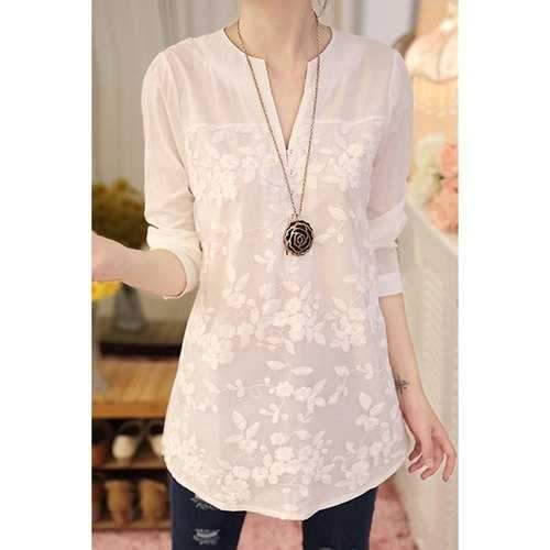 Fashionable V-Neck Long Sleeve Organza Blouse For Women - White 2xl