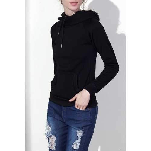 Stylish Hooded Long Sleeve Drawstring Solid Color Women's Hoodie - Black M