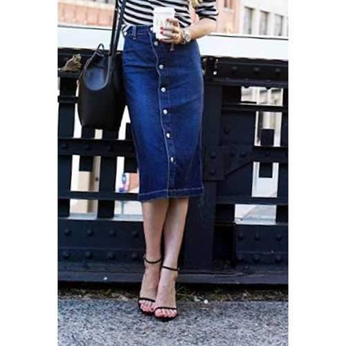 Stylish Blue Single-Breasted Denim Women's Skirt - Blue L