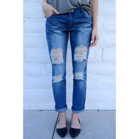 Distressed Tapered Boyfriend Jeans - Blue S