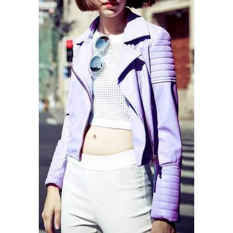 Stylish Lapel Neck Long Sleeve Purple PU Leather Women's Jacket - Purple Xl