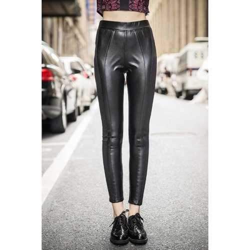 Stylish Elastic Waist Pocket Design PU Leather Women's Pencil Pants - Black L