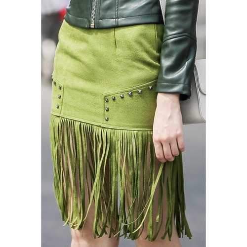 Trendy High-Waisted Packet Buttocks Tassel Spliced Women's Green Suede Skirt - Green L