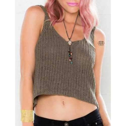 Sexy V-Neck Sleeveless Solid Color Knitted Women's Crop Top - Green One Size(fit Size Xs To M)