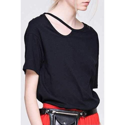 Casual Style Irregular Collar Short Sleeve Pure Color Women's T-Shirt - Black 2xl