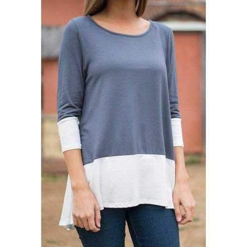 Trendy Round Neck 3/4 Sleeve Color Block Women's Long T-Shirt - Gray M