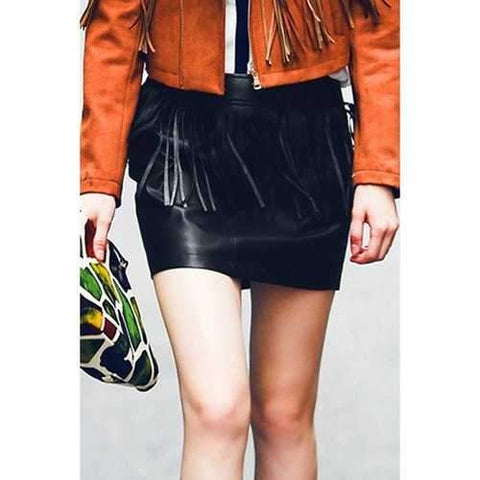 Chic Mid-Waisted Fringed Packet Buttocks Women's Faux Leather Skirt - Black L