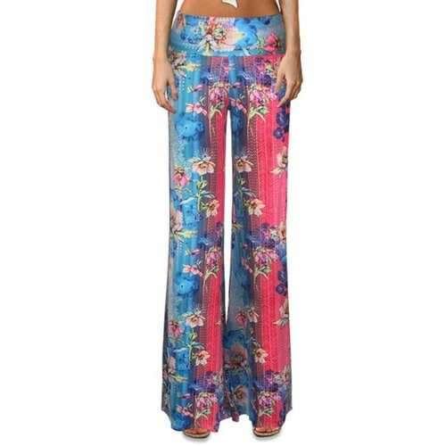 Ethnic Elastic Waist Floral Print Color Block Women's Flare Leg Pants - Xl