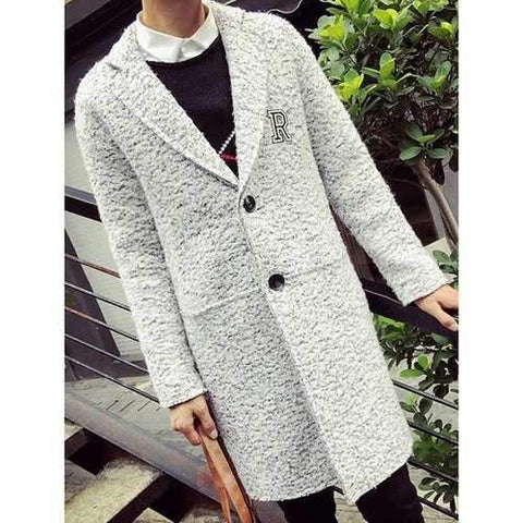 Turn-Down Collar Letter Print Long Sleeve Single Breasted Lengthen Men's Woolen Coat - White L