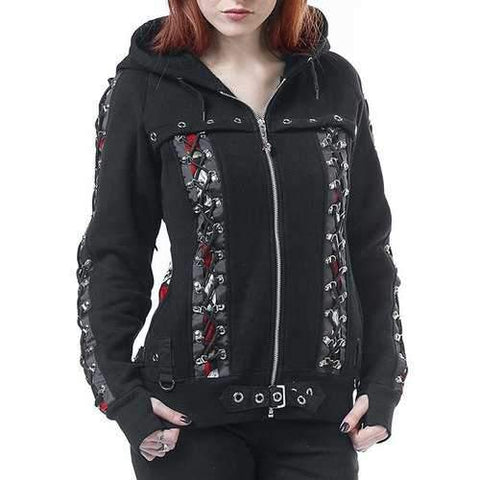 Trendy Steepled Hooded Lace-Up Rose Printed Zip Up Hoodie For Women - Black S