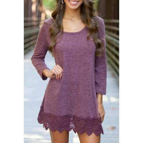 Sweet Round Neck 3/4 Sleeve Lace Hem Women's Purple Dress - Purple S