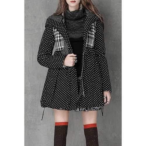 Stylish Hooded Long Sleeve Polka Dot High-Waisted Women's Parka Coat - Black S