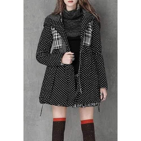 Stylish Hooded Long Sleeve Polka Dot High-Waisted Women's Parka Coat - Black S