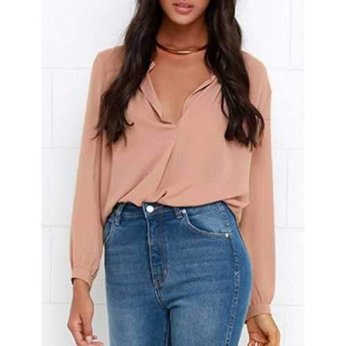 Casual V-Neck Long Sleeve Chiffon Blouse For Women - Pink Xl