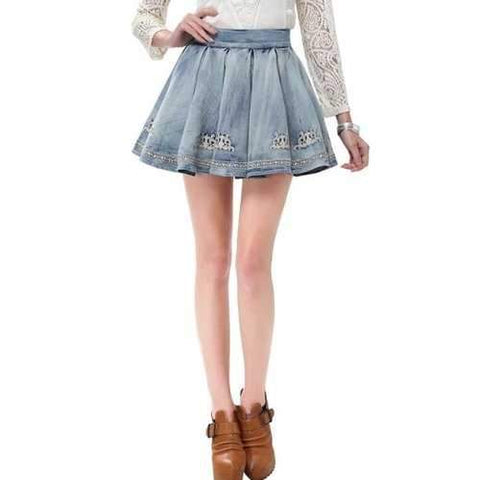 Trendy High-Waisted Bleach Wash Embroidered Ruffled Women's Denim Skirt - Blue M