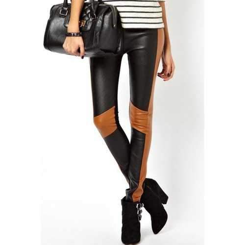 Slimming Color Block PU Leather Spliced Women's Skinny Pants - Black S