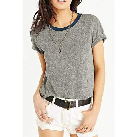 Stylish Round Collar Short Sleeves Casual Loose Fitting Women's T-Shirt - Gray M