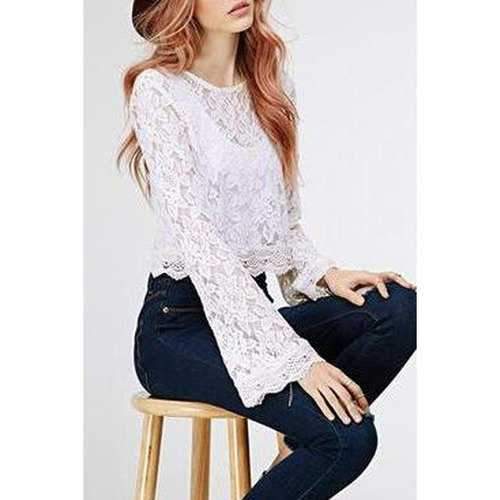 Alluring Round Neck Bell Sleeve Crochet Flower Women's White Blouse - White S