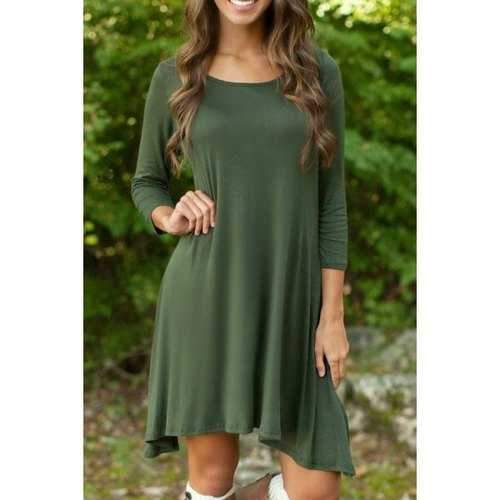 Casual Round Neck 3/4 Sleeve Irregular Hem Green Women's Dress - Army Green S