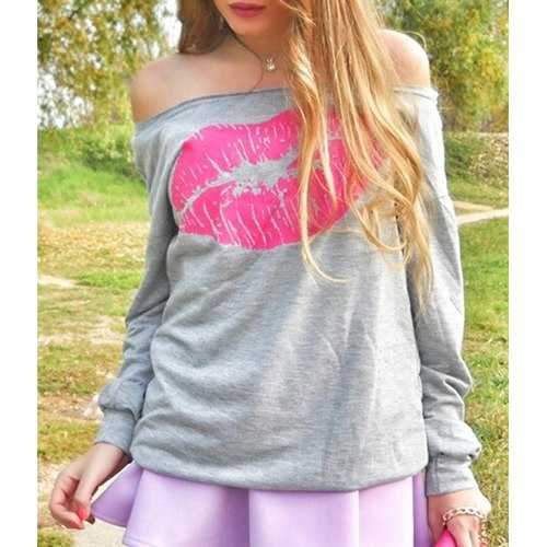 Sexy Color Block Lip Printed Pullover Sweatshirt For Women - Gray M