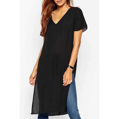 Stylish V-Neck Short Sleeve High Slit Women's Black Dress - Black M