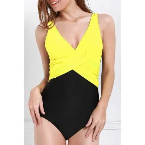 Sexy V-Neck Color Block One-Piece Ruched Women's Swimwear - Yellow Xl